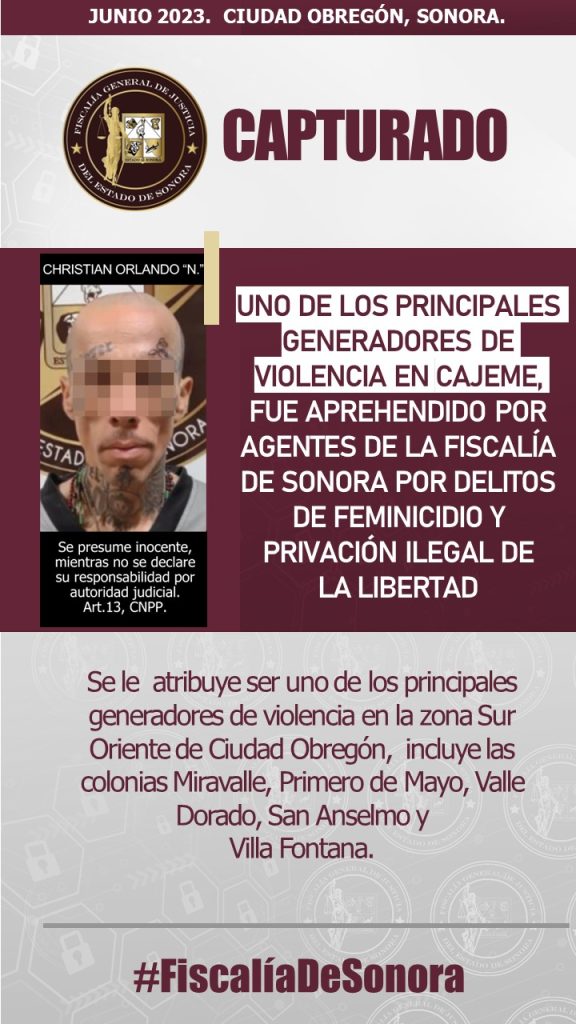 APREHENDEN EN CAJEME A “EL CHICHÀN” POR LOS DELITOS DE FEMINICIDIO Y PRIVACIÓN ILEGAL DE LA LIBERTAD