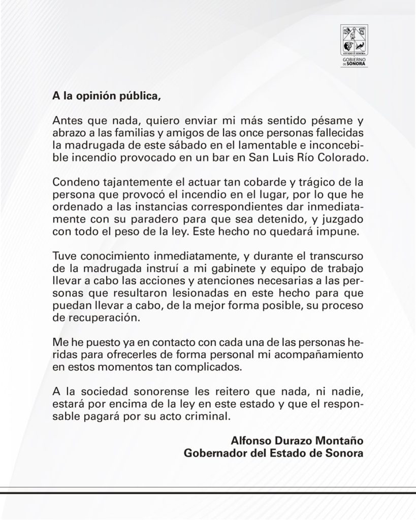 EL GOBERNADOR DEL ESTADO LAMENTA LA TRAGEDIA OCURRIDA EN SAN LUIS RÍO COLORADO