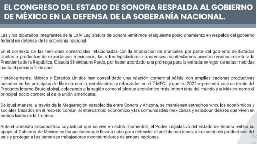 El Congreso de Sonora respalda al Gobierno de México en la defensa de la soberanía nacional.